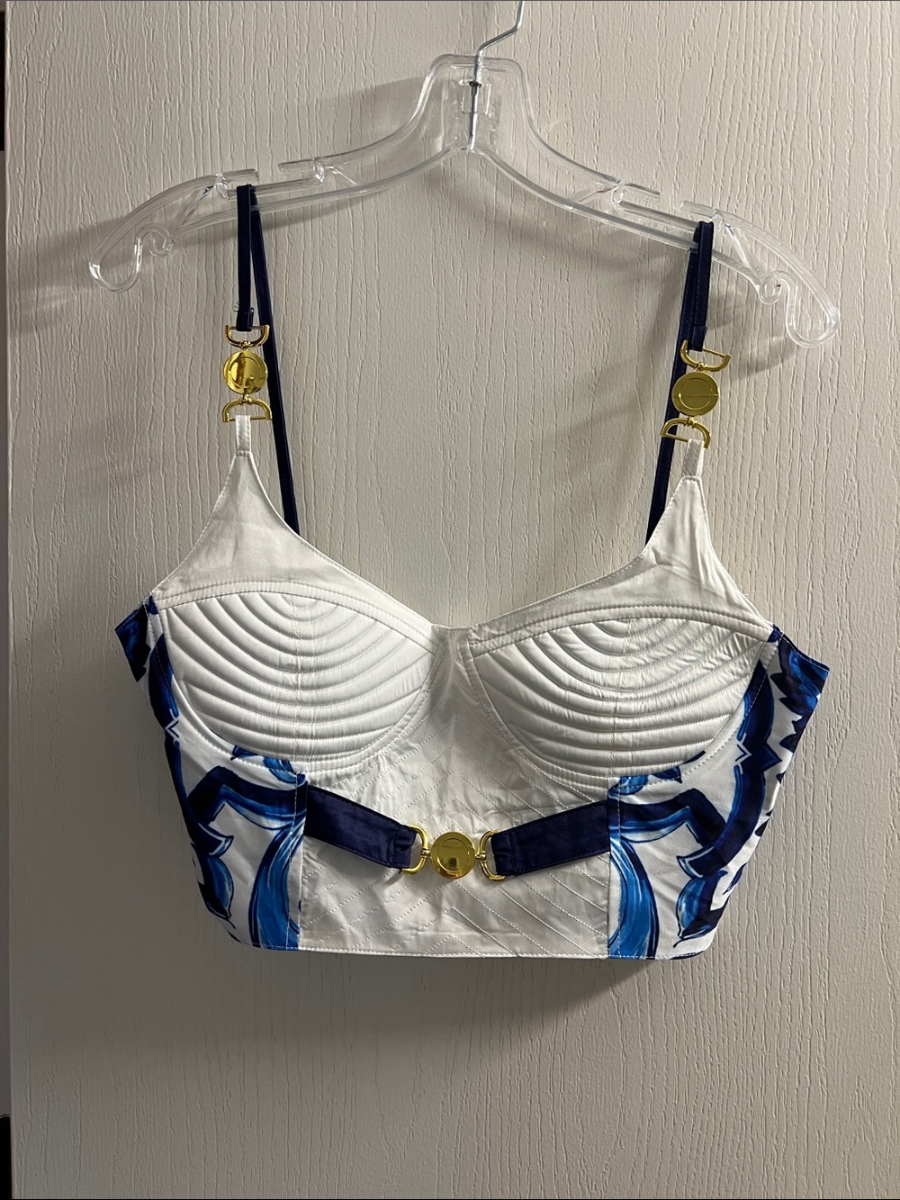 White & Navy Sculpted Longline Bustier Bra with Gold Accents